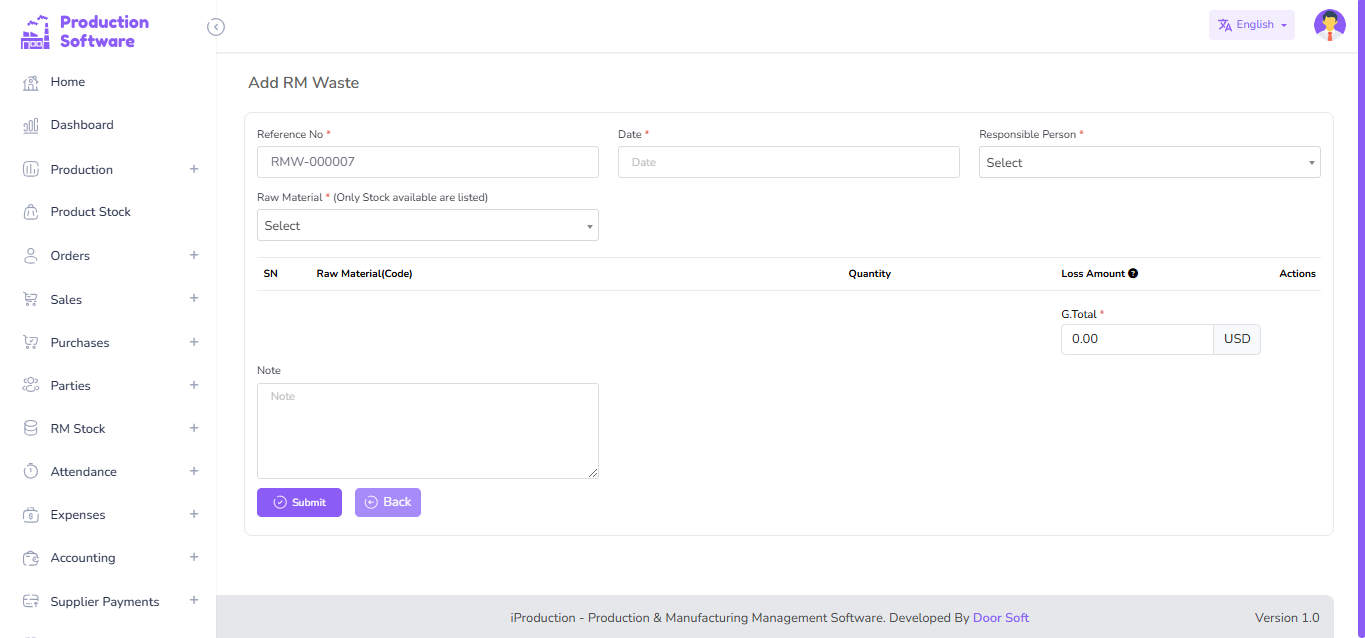 Add Raw Material Waste